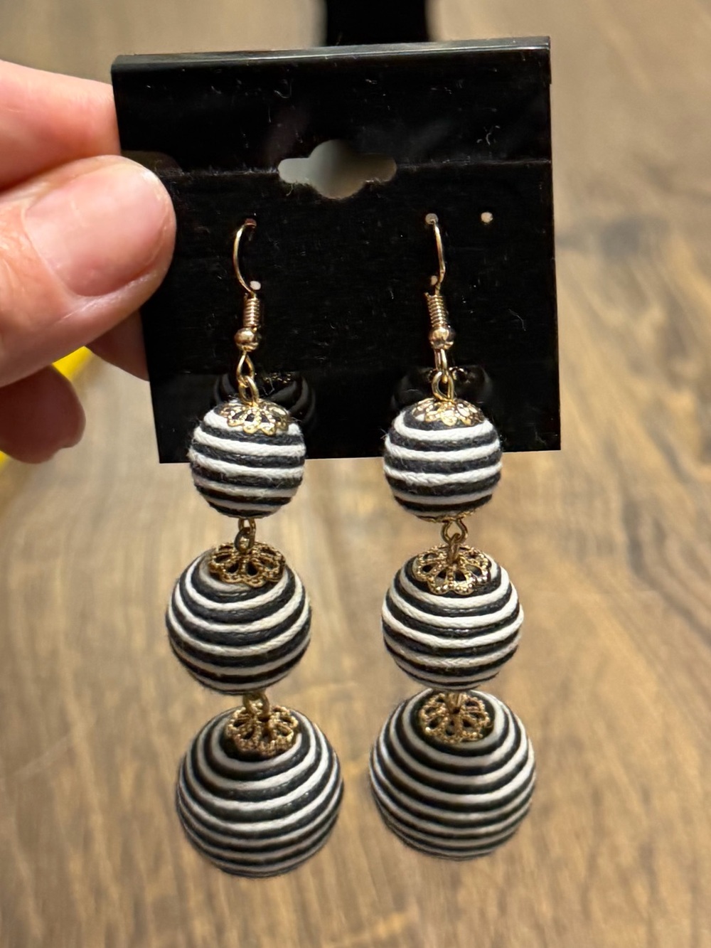 Ashley Stewart Black & White Tiered Round Striped Dangling Earrings
